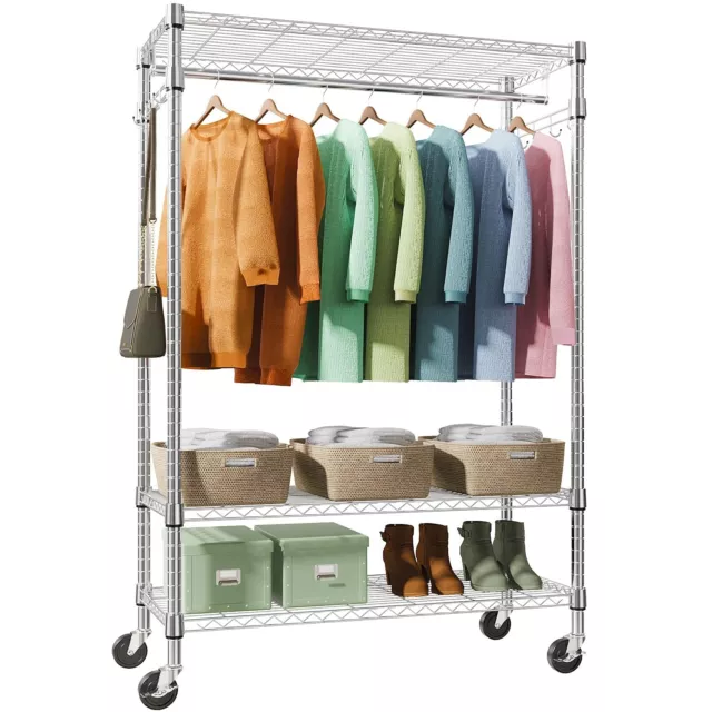 MZG Heavy Duty Rolling Garment Rack 3 Tiers Adjustable Wire Shelving Clothes ...