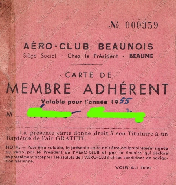 1955 France BEAUNE Aero Club Beaunois membership card