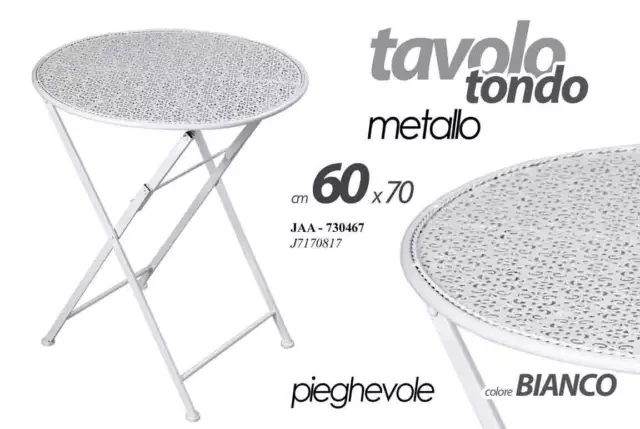 Tavolo Giardino Tondo Veranda Terrazzo Tavolino Metallo Bianco Pieghevole Ø60*70