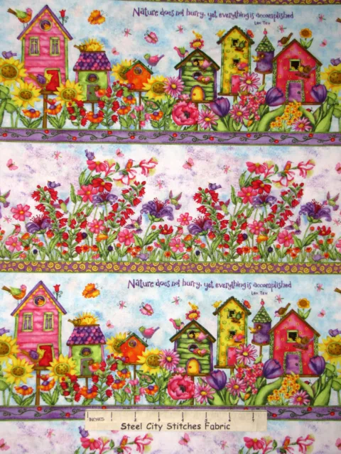 Birdhouse Fabric - Bird House Garden Flowers Border Stripe SPX #25480 - Yard
