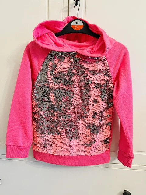 F&F Girls Bright Pink Reversible Sequin  Sweatshirt Hoodie Age Size 6 - 7 Years