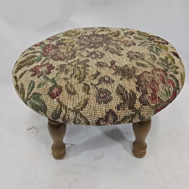 Vintage 13" x 9" Round Floral Needlepoint Distressed Wooden Small Foot Stool