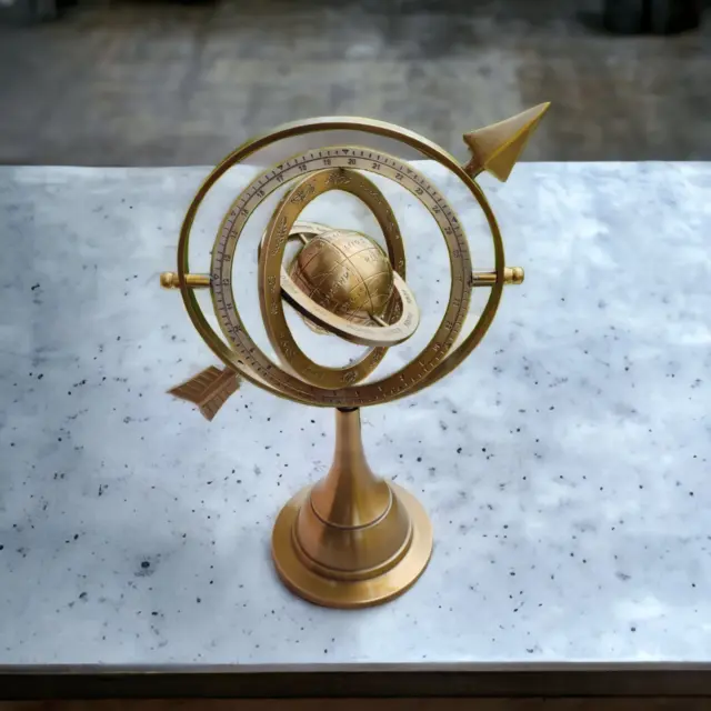 Antique Nautical Brass Armillary Sphere Arrow Globe Brown Metal Base Office Deco