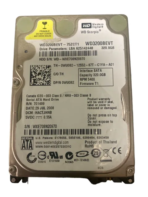 Dell WD Scorpio 2.5" Notebook SATA Hard Drive 320GB WD3200BEVT-75ZCT2 WU082 OEM