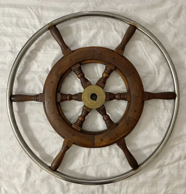 Vintage 25" Wooden Ship's Steering Wheel 6-Spoke Brass Captain Boat Nautical