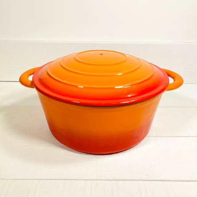 Vintage Orange Red Dutch Oven Enamel Cast Iron Handles Lid 10" Large Crock Heavy