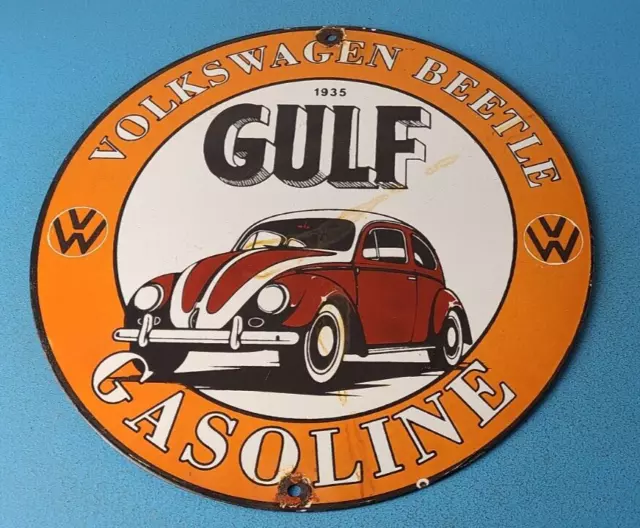 Vintage Gulf Gasoline Sign - Volkswagen Sign - Gas Pump Station Porcelain Sign