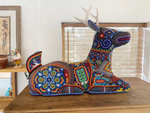 Rare Vintage Huichol Mexico Tribe Bead Art Carved Sculpture Deer Signed LARGE!