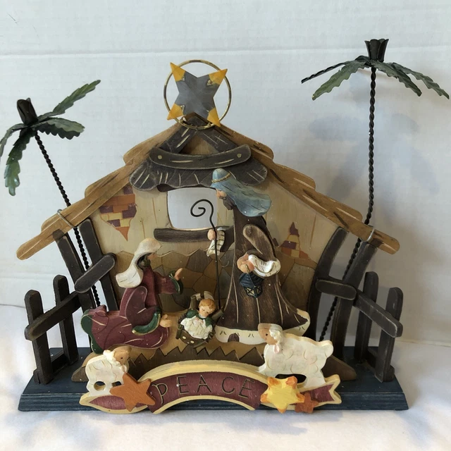 Wooden Musical Nativity Set Primitive Folk Art Self Standing 10" Tall