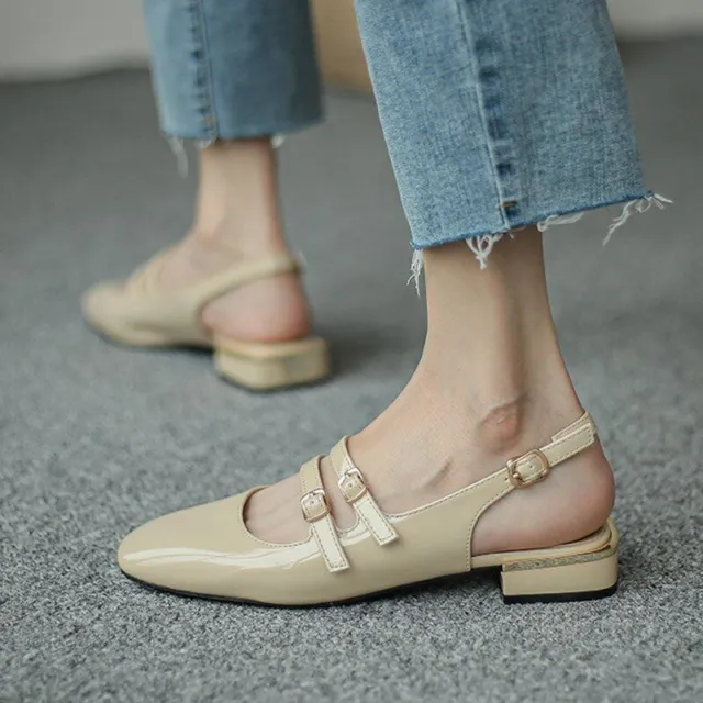 Women Sandals Summer Shoes Flat Double Buckle Leather Slingback Shoes Back Strap