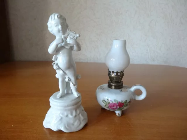 Figurine "Angelot Musicien" + Mini Lampe A Pétrole En Porcelaine
