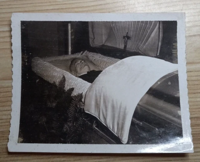 Vintage Post Mortem photo dead man open coffin funeral mourning