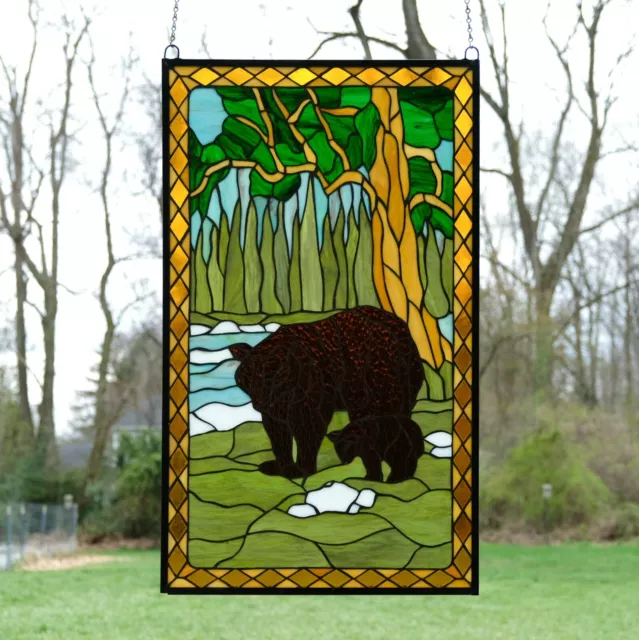 20.5" x 34.75" Bear Mother and Son Handcrafted stained glass window panel WL106