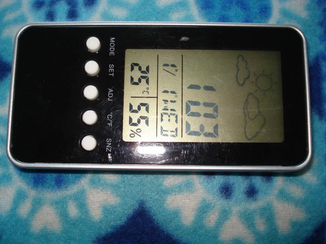 LCD Clock with Weather Alarm Snooze Day Temperature Multi-Function Black