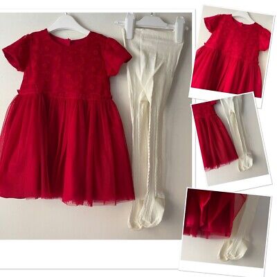 Matalan baby girls red festive party Dress exc Used & New Cable Tights 12-18 Mon
