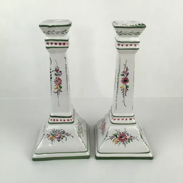 RCCL Pottery Hand Painted Set of 2 White Candlesticks Floral Portugal