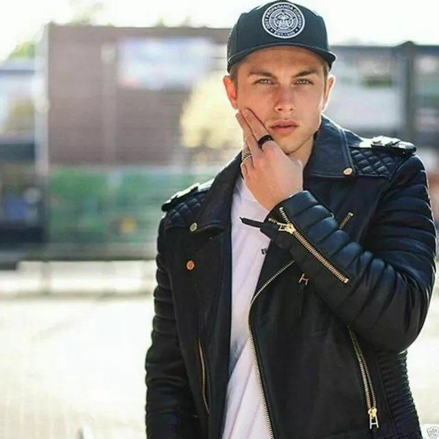 Men's Genuine Lambskin Quilted Leather Jacket Black Motorcycle Slim fit Biker