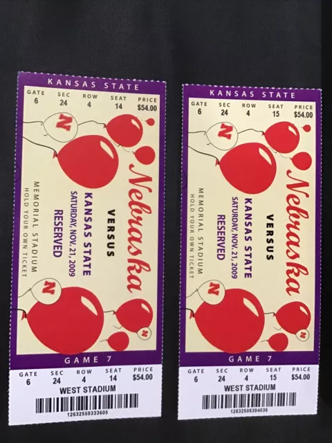 2009 Nebraska Cornhuskers vs Kansas State College Football Ticket Pair