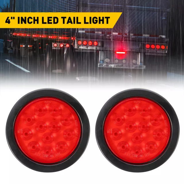 Pair 4 inch Red 12 LED Round Tail Rear Stop Brake Lights 12V For Truck Trailer