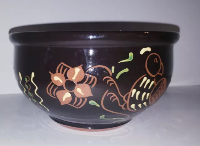Lester Breininger Redware Slip Pottery Bowl Flowers Love Birds 1997 Cool & Sunny