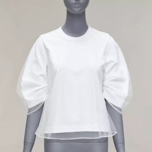 NOIR KEI NINOMIYA 2018 white cotton tulle overlay ruched sleeve tshirt XS