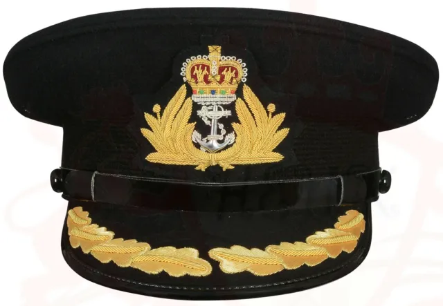 Royal Navy Officer Black Hat, Naval Captain Peak Cap, R N Commanders Cap Badge