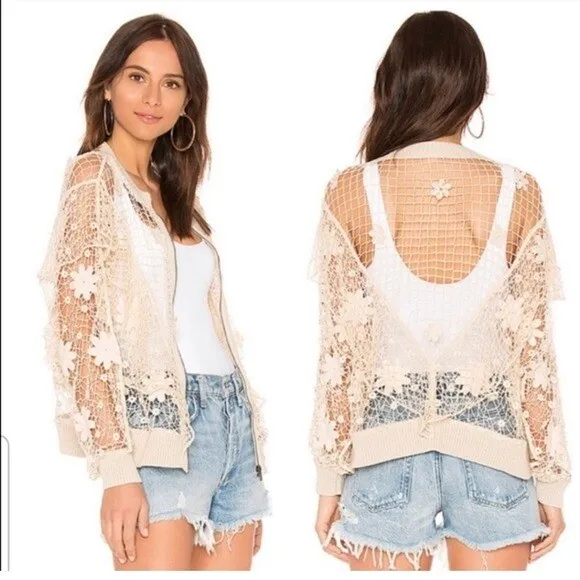 Wildfox Crochet Daisies Bomber Jacket Zip Size XS