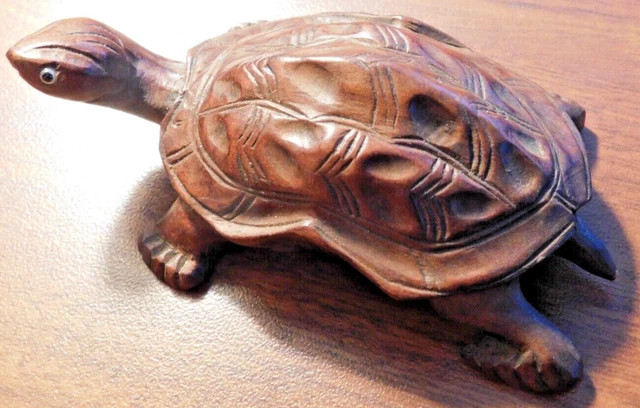 Vintage Asian 4" Hand Carved Wooden Brown Figurine Turtle Tortoise Glass Eyes