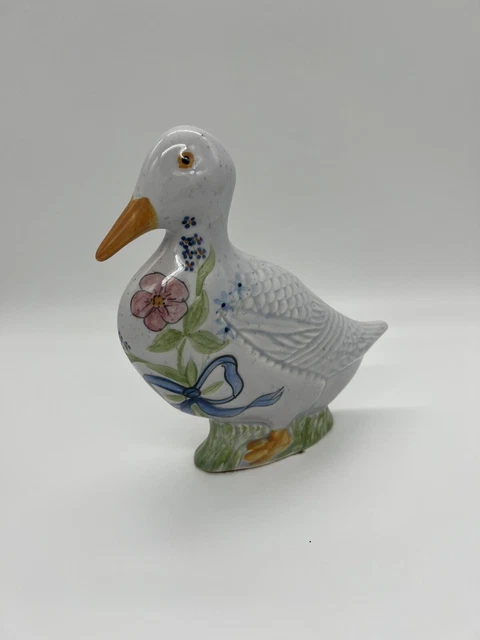 Vintage NS Gustin Co Hand Painted Floral Ceramic Sponge Ware Duck Figurine