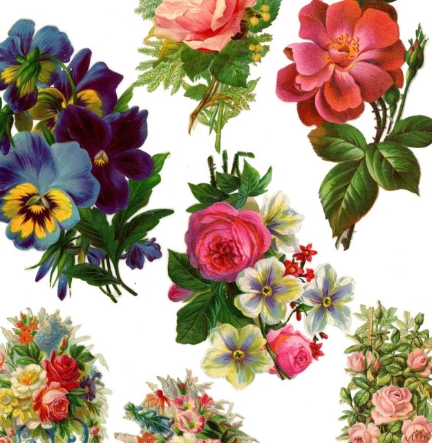 Antique Victorian Die Cut Scrap collection of 7 large flower flora 1880s #46