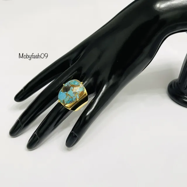 Luxe Statement Large Gold Lined Turquoise Handmade Adjustable Cuff Claw Ring