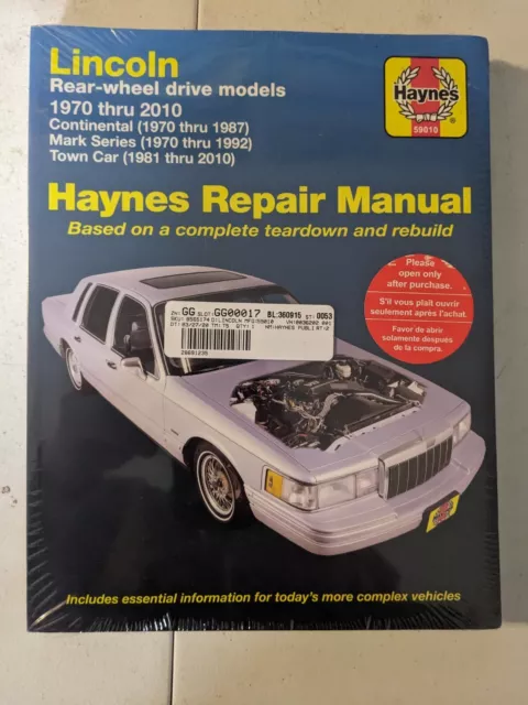59010 Haynes Manuals Repair Manual for Lincoln Town Car Continental Mark V VII