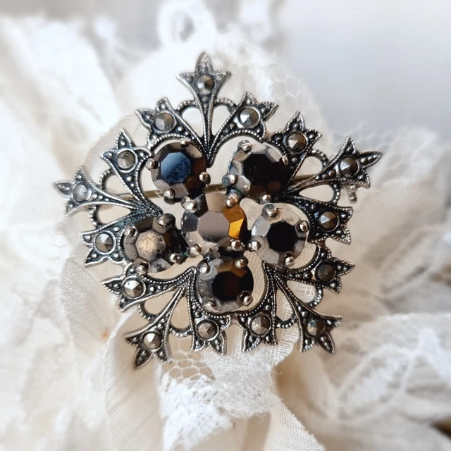 Broche Vintage Flocon De Neige - Métal Rhodié, Strass & Marcassites, 35x35mm