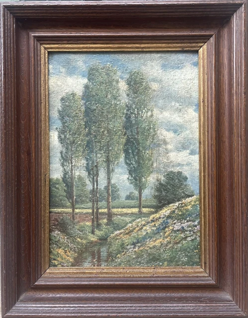 Tableau Peinture à L'huile Paysage Arbres Rivière – École Française XIXe–XXe Siècle – Original