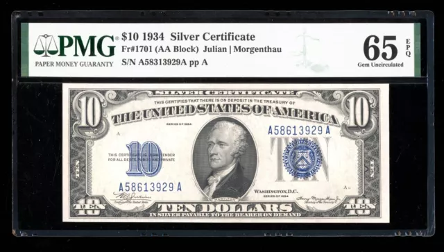 DBR 1934 $10 Silver Gem Fr. 1701 PMG 65 EPQ Serial A58613929A