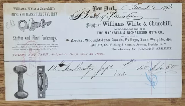 1873 Billhead New York City Williams White & Churchill Wrought Iron Goods
