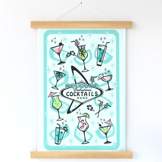 Retro Martinis Bar Cart Cocktails Wall Hanging Print and Hanger by Spoonflower