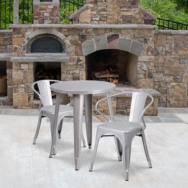 Commercial Grade 24" Round Silver Metal Indoor/Outdoor Table Set w/2 Arm Chairs