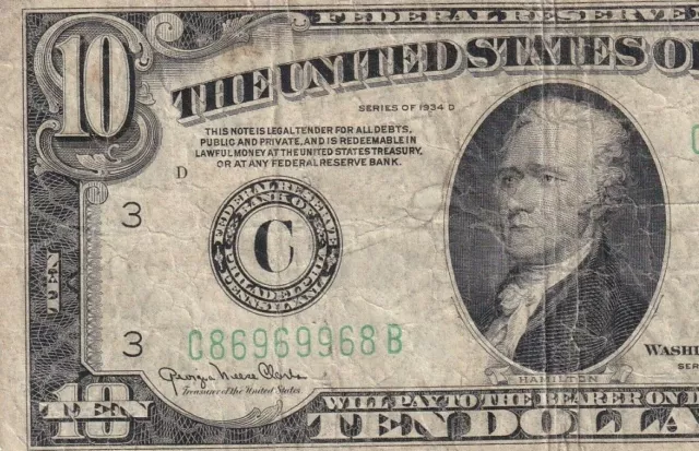 C86969968 1934A Fine Condition Green Seal Ten Dollar Note, Almost A Radar Note