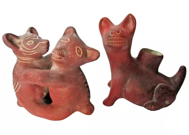 Mexican Clay Pottery Colima Dancing Dog Xolo Set Pre Columbian Aztec Style