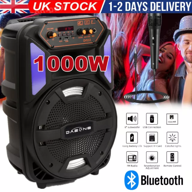 8" 1000W Portable Wireless Bluetooth Speaker Rechargeable LED Party Heavy Bass