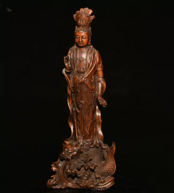 8.6 " Old Chinese Boxwood Wood Carving Stand Kwan-yin GuanYin Dragon Statue