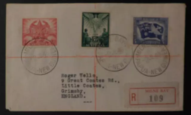 1948 Milne Bay Papua New Guinea Cover to Grimsby England Australia Peace Issue