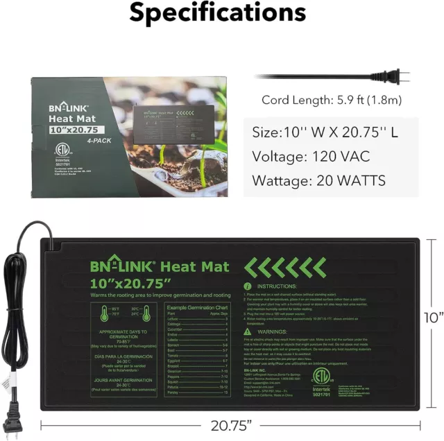 BN-LINK 4Pack Seedling Heat Mat Warm Hydroponic Heating Pad Waterproof 10" x 20" 3