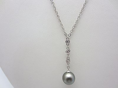 14k or Blanc Tahiti Perle de Culture Pendentif Diamant Collier