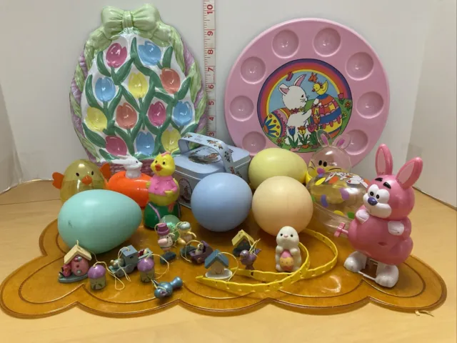 Lot of Vintage Easter Decor: Ornaments Rabbits Chicks Tin Blow Mold Eggs 2 Trays