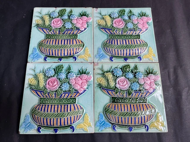 Antique Fruit Basket Butterfly Embossed Art Nouveau Majolica Tile Japan Set Of 4