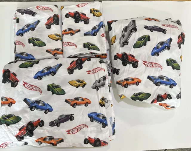 POTTERY BARN KIDS MATTEL HOT WHEELS TWIN FLA ,FITTED SHEET 2 Pillow Cases COTTON