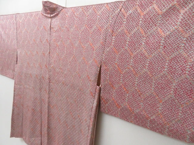 2009T02z550 Vintage Japanese Kimono Silk SHIBORI HAORI Kikko Light gray