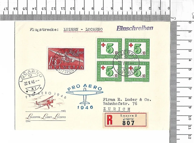 22.5.1946 Locarno-Luzern Pro Aero FDC R-Zettel L2 Luftpost Block Pax Hom ; 61654